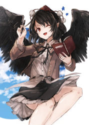 Rule 34 | 1girl, ;d, blue sky, book, flying, forbidden scrollery, hat, hisona (suaritesumi), jacket, legs together, looking at viewer, neck ribbon, notebook, one eye closed, open book, open mouth, pen, pointy ears, pom pom (clothes), ribbon, shameimaru aya, shirt, skirt, sky, smile, solo, star (symbol), tokin hat, touhou, wings