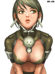 Rule 34 | 1girl, breasts, cleavage, green hair, large breasts, ryu (ryu&#039;s form site), short hair, simple background, solo, white background