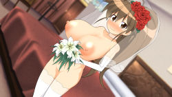 Rule 34 | 1girl, ahoge, bed, blurry, blurry background, blush, bouquet, breasts, bridal veil, bride, brown eyes, brown hair, choker, dutch angle, elbow gloves, female focus, flower, functionally nude, gloves, groin, hair flower, hair ornament, hands up, high ponytail, highres, holding, holding bouquet, huge breasts, indoors, large areolae, legs, long hair, looking at viewer, makarou, matching hair/eyes, nipples, no panties, ponytail, red flower, red rose, rose, smile, solo, standing, taneshima popura, thighhighs, thighs, veil, working!!