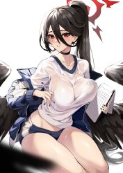 Rule 34 | 1girl, absurdres, black choker, black hair, black wings, blue archive, blush, breasts, choker, hair between eyes, halo, hasumi (blue archive), hasumi (track) (blue archive), highres, jacket, large breasts, long hair, mole, mole under eye, official alternate costume, ponytail, red eyes, shirt, shorts, solo, sportswear, stone (ksorede), very long hair, white shirt, wings, zipper