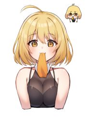 Rule 34 | 1girl, artist request, blonde hair, breasts, floating hair, haru estia, highres, large breasts, leotard, looking at viewer, mouth hold, necktie, necktie in mouth, simple background, soulworker, white background, yellow eyes