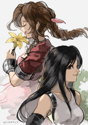 Rule 34 | 2girls, absurdres, aerith gainsborough, artist name, bangle, bare shoulders, black gloves, black hair, bracelet, braid, braided ponytail, breasts, choker, closed eyes, closed mouth, commentary request, cropped jacket, dress, elbow gloves, final fantasy, final fantasy vii, final fantasy vii remake, flower, gloves, hair ribbon, highres, holding, holding flower, jacket, jewelry, long dress, long hair, looking at viewer, medium breasts, multiple girls, open mouth, parted bangs, pink dress, pink ribbon, pointy nose, red eyes, red jacket, ribbon, shirt, short sleeves, sidelocks, sleeveless, sleeveless shirt, smile, suspenders, tifa lockhart, upper body, uzutanco, wavy hair, white shirt, yellow flower