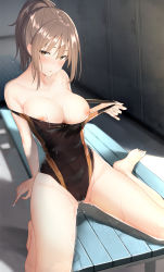 Rule 34 | 1girl, arm support, barefoot, bench, black one-piece swimsuit, blurry, blurry background, blush, breasts, breasts out, brown eyes, brown hair, clothes pull, competition swimsuit, covered navel, depth of field, highres, large breasts, locker, locker room, long hair, looking at viewer, nipples, one-piece swimsuit, one-piece swimsuit pull, original, pallad, parted lips, ponytail, pulling own clothes, sidelocks, sitting, solo, swimsuit, wariza, wet