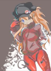 Rule 34 | 1girl, artist request, blue eyes, bodysuit, breasts, brown hair, evangelion: 3.0 you can (not) redo, eyepatch, hair ornament, hand on own hip, hat, highres, jacket, long hair, long sleeves, looking at viewer, neon genesis evangelion, plugsuit, rebuild of evangelion, red bodysuit, shiny clothes, simple background, solo, souryuu asuka langley, two side up, very long hair, wide hips