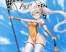 Rule 34 | &gt;:), 1girl, alternate costume, armpits, bare shoulders, blue sky, blush, breasts, bridal gauntlets, character name, checkered flag, cleavage, cloel, closed mouth, closed umbrella, cloud, collarbone, contrapposto, covered navel, cowboy shot, day, flag, floating hair, girls&#039; frontline, groin, hair between eyes, hair ornament, hair scrunchie, highres, holding, holding umbrella, leotard, long hair, medium breasts, orange scrunchie, outdoors, pkp (girls&#039; frontline), race queen, scrunchie, shiny clothes, shiny skin, side ponytail, sky, smile, solo, standing, strapless, strapless leotard, thighhighs, thighs, umbrella, v-shaped eyebrows, very long hair, white thighhighs, wind, yellow eyes, yellow leotard