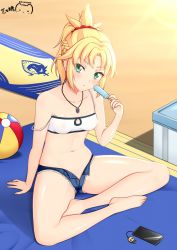 Rule 34 | ball, bandeau, beach mat, beachball, blonde hair, blush, braid, cellphone, closed mouth, cooler, covered erect nipples, denim, denim shorts, fate/grand order, fate (series), food, front-tie top, green eyes, half updo, head tilt, highres, jewelry, micro shorts, mordred (fate), mordred (fate) (all), mordred (fate/apocrypha), mordred (memories at trifas) (fate), mordred (swimsuit rider) (fate), necklace, off shoulder, open clothes, open fly, open shorts, pendant, phone, popsicle, ppshex, pussy, pussy peek, scrunchie, see-through, shorts, side-tie bottom, signature, smartphone, solo, surfboard