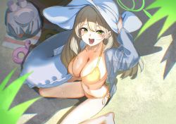 Rule 34 | 1girl, absurdres, barefoot, beach towel, bikini, blonde hair, blue archive, blush, breasts, cleavage, cup, day, erory6 (ro), green eyes, halo, hand on headwear, hat, highres, innertube, large breasts, long hair, long sleeves, looking at viewer, nonomi (blue archive), nonomi (swimsuit) (blue archive), open clothes, open mouth, outdoors, plate, sand, see-through, shade, side-tie bikini bottom, sitting, solo, sun hat, swim ring, swimsuit, table, towel, wet, wet hair, white hat, yellow bikini