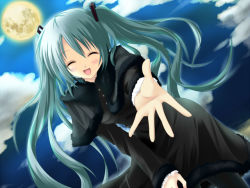 Rule 34 | 1girl, akkijin, aqua hair, bad id, bad pixiv id, cloud, closed eyes, hatsune miku, long hair, night, open mouth, outstretched arm, sky, solo, twintails, very long hair, vocaloid