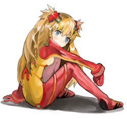 Rule 34 | 00s, 1girl, blue eyes, blush, bodysuit, brown hair, cakeoflime, evangelion: 2.0 you can (not) advance, hairpods, interface headset, long hair, multicolored clothes, neon genesis evangelion, plugsuit, rebuild of evangelion, sitting, solo, souryuu asuka langley, test plugsuit