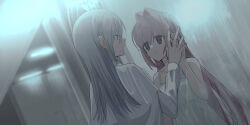 Rule 34 | 2girls, blue eyes, chihuri, choker, cloak, closed mouth, collarbone, commentary request, curtains, dress, ende (chihuri), eye contact, grey hair, hair between eyes, hair intakes, hand up, highres, long hair, long sleeves, looking at another, multiple girls, nea (chihuri), original, pink hair, profile, purple eyes, shirt, sleeveless, sleeveless dress, smile, upper body, very long hair, white choker, white cloak, white dress, white shirt, yuri