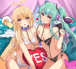Rule 34 | 2girls, absurdres, ahoge, alternate hairstyle, angel wings, artist name, banana, black panties, blonde hair, blue collar, blush, bra, bra pull, c turtle, clothes pull, collar, collarbone, commentary, curtains, cushion, demon horns, demon wings, eggplant, excited, finana ryugu, fins, fish girl, flower, flying sweatdrops, food, fruit, green eyes, green hair, groin, hair flower, hair ornament, hairband, halo, hamster, head fins, heart, heart-shaped pupils, highres, horns, leash, lingerie, linked collar, long hair, looking at viewer, midriff, monster girl, multiple girls, nervous, nijisanji, nijisanji en, nipple cutout, open mouth, panties, panty lift, pointy ears, pomu rainpuff, purple curtains, purple eyes, purple flower, red collar, red eyes, speech bubble, sweat, symbol-shaped pupils, tongue, tongue out, twintails, underwear, very long hair, virtual youtuber, wavy hair, white panties, wings