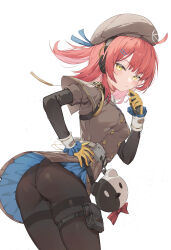 Rule 34 | 1girl, absurdres, ass, beret, black pantyhose, brown coat, coat, from behind, girls&#039; frontline, girls&#039; frontline 2: exilium, hair ornament, hairclip, hand on own hip, hand up, hat, highres, lemures, looking at viewer, looking back, medium hair, mp7 (girls&#039; frontline), panties, pantyhose, pantyshot, pouch, red hair, solo, thigh pouch, thigh strap, thighband pantyhose, two-tone gloves, underwear, white background, yellow eyes