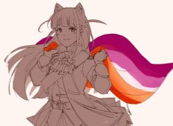 Rule 34 | 1girl, animal ears, ascot, belt, cat ears, commentary, english commentary, flag, floating hair, grey background, highres, holding, holding flag, jacket, kemonomimi mode, lesbian flag, light blush, long hair, long sleeves, looking at viewer, parted lips, partially colored, sapphi (sky dreamsky), sash, shoujo kageki revue starlight, signature, simple background, skirt, smile, solo, tsuyuzaki mahiru, two side up, upper body