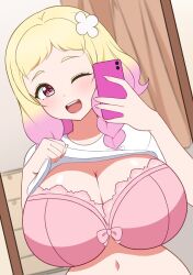 Rule 34 | 1girl, alternate breast size, blonde hair, breasts, highres, holding, holding phone, huge breasts, love live!, love live! superstar!!, multicolored hair, navel, nemaki 9, one eye closed, onitsuka natsumi, open mouth, phone, solo, underwear