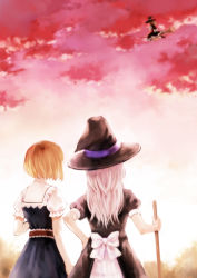Rule 34 | 3girls, alice margatroid, back, bad id, bad pixiv id, blonde hair, broom, broom riding, cloud, female focus, flying, from behind, fukahire (ruinon), hand on own hip, hat, hip focus, kirisame marisa, long hair, multiple girls, outdoors, plant, short hair, sitting, sky, standing, time paradox, touhou, witch, witch hat