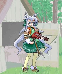 Rule 34 | 1girl, barn, belt, blue eyes, boots, bow, dress, female focus, full body, hair bow, instrument, long hair, lowres, mof, mof&#039;s silver haired twintailed girl, nature, oekaki, original, outdoors, plant, silver hair, skirt, solo, twintails, very long hair, violin, weapon