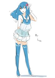 Rule 34 | 1girl, ;o, arm behind back, bad id, bad pixiv id, bare shoulders, blue eyes, blue hair, blue thighhighs, brionne, collarbone, creatures (company), dress, flat chest, flower, full body, game freak, gen 7 pokemon, hair between eyes, hair flower, hair ornament, kz 609, long hair, matching hair/eyes, nintendo, one eye closed, open mouth, personification, pink pupils, pokemon, pokemon sm, shadow, simple background, solo, standing, thighhighs, white background, wristband, zettai ryouiki