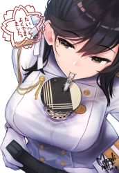 Rule 34 | 1girl, 2019, aiguillette, animal ears, artist name, atago (azur lane), azur lane, black hair, breasts, brown eyes, bubble tea, bubble tea challenge, buttons, cup, dated, disposable cup, drinking, drinking straw, epaulettes, extra ears, from above, gloves, hair ribbon, highres, large breasts, long hair, long sleeves, looking away, mappaninatta, meme, military, military uniform, mole, mole under eye, object on breast, ribbon, signature, simple background, solo, swept bangs, translation request, uniform, wet, wet clothes, white background, white gloves, white ribbon, white uniform