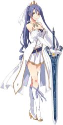 Rule 34 | bare shoulders, belt, belt buckle, blue hair, boots, breasts, buckle, cleavage, crown, dress, eiyuu densetsu, elbow gloves, falcom, gloves, greatsword, heart, high heels, holding, holding sword, holding weapon, jewelry, knee boots, laura s. arseid, long hair, magical girl, medium breasts, necklace, official style, ponytail, sen no kiseki, sen no kiseki iv, solo, sword, weapon, yellow eyes