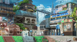 Rule 34 | arm up, bad id, bad pixiv id, balcony, banner, basket, building, cat, clock, day, door, fountain, nagakura (seven walkers), original, pavement, plant, potted plant, scenery, sign, spire, stairs, statue, train, umbrella, wall, water, window