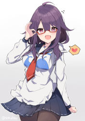 Rule 34 | 1girl, ahoge, animal print, bespectacled, black pantyhose, black skirt, breasts, cowboy shot, fish print, glasses, gradient background, hair flaps, hair ornament, heart, jewelry, kantai collection, long hair, long sleeves, looking at viewer, low twintails, magatama, magatama necklace, medium breasts, miniskirt, necklace, pantyhose, pleated skirt, purple eyes, purple hair, red-framed eyewear, school uniform, serafuku, skirt, solo, sou (soutennkouchi), speech bubble, spoken heart, standing, taigei (kancolle), twintails, whale hair ornament, whale print
