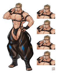 Rule 34 | 1boy, abs, bad id, bad pixiv id, bara, bare pectorals, bare shoulders, black-framed eyewear, black male underwear, blonde hair, briefs, bulge, bursting pectorals, chest harness, clothing cutout, crotchless, crotchless pants, expressions, facial hair, full body, goatee, hand on own hip, harness, highres, large pectorals, male focus, male underwear, mature male, muscular, muscular male, navel, nipples, original, pants, pectorals, revealing clothes, short hair, smile, solo, stomach, tabletop rpg, thick thighs, thigh cutout, thighs, torawar, underwear