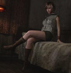 Rule 34 | 1girl, 3d, absurdres, artist request, bed, breasts, full body, heather mason, highres, jacket, lips, looking at viewer, medium breasts, on bed, short hair, silent hill, silent hill (series), silent hill 3, sitting, skirt, sleeveless, sleeveless turtleneck, solo, turtleneck, vest, wristband