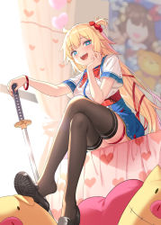 Rule 34 | 1girl, :d, absurdres, akai haato, akai haato (1st costume), ankimo (tokino sora), bed, black gloves, blonde hair, blue eyes, blush, bracelet, breasts, crossed arms, curtains, drogoth, feet, gloves, haaton (akai haato), head rest, heart, heart-shaped pupils, highres, hololive, jewelry, katana, large breasts, loafers, long hair, looking at viewer, nail polish, open mouth, pig, red nails, shoe dangle, shoes, sitting, skirt, smile, solo, stuffed toy, sword, symbol-shaped pupils, teeth, thigh strap, thighhighs, tokino sora, virtual youtuber, weapon, window