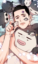 Rule 34 | 1boy, black eyes, black hair, buzz cut, closed mouth, fukatsu kazunari, highres, holding, holding stuffed toy, hugging doll, hugging object, looking at viewer, lying, male focus, on back, on bed, round eyewear, short hair, slam dunk (series), solo, sticker on face, stuffed seal, stuffed toy, sunglasses, very short hair, whdvkf9x4