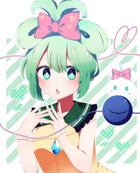 Rule 34 | 1girl, absurdres, adapted costume, alternate hairstyle, bad id, bad pixiv id, blush, bow, buttons, cinnamiku hairstyle, cinnamoroll, collared shirt, commentary request, diagonal stripes, diamond button, ear bow, eyeball, fingernails, frilled shirt, frills, green eyes, green hair, green nails, hair between eyes, hair bow, heart, heart of string, highres, komeiji koishi, nail polish, open mouth, pink bow, sanrio, shirt, short hair, sleeveless, sleeveless shirt, solo, striped, striped background, third eye, touhou, upper body, yellow shirt, you (noanoamoemoe)