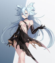 Rule 34 | 1girl, absurdres, bare shoulders, black choker, black dress, black gloves, blue hair, breasts, choker, collarbone, cropped legs, dress, elbow gloves, evening gown, girls&#039; frontline, gloves, highres, joy3191, light blue hair, long hair, no bra, official alternate costume, pa-15 (girls&#039; frontline), pa-15 (lady thief of champagne) (girls&#039; frontline), revealing clothes, short dress, small breasts, thick eyebrows