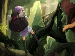 Rule 34 | 1girl, ahoge, alternate costume, backpack, bag, black footwear, boots, commentary request, day, falling, fantasy, foot up, forest, from behind, giant, giant monster, grey shirt, grey skirt, hair tubes, knee boots, monster, nature, outdoors, purple hair, shirt, short hair with long locks, short sleeves, skirt, sleeping bag, solo, toromera, tree, vocaloid, voiceroid, yuzuki yukari