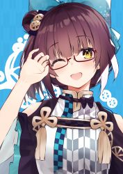 Rule 34 | 1girl, absurdres, bashamichi hagemi, blue background, blush, borumete, bow, breasts, brown hair, facing viewer, gear hair ornament, glasses, hair bow, highres, indie virtual youtuber, looking to the side, multicolored background, one eye closed, pale skin, smile, virtual youtuber, white background, yellow eyes