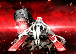 Rule 34 | 10s, 1girl, abyssal ship, airfield princess, ankle boots, boots, colored skin, crop top, horns, kantai collection, long hair, open mouth, oso (toolate), personification, red eyes, sitting, solo, white footwear, white hair, white skin