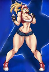 Rule 34 | 1girl, abs, absurdres, bare shoulders, baseball cap, blonde hair, blue background, blue eyes, bracelet, breasts, cleavage, collarbone, denim, denim shorts, fingerless gloves, full body, genderswap, genderswap (mtf), gloves, grin, hat, highres, jewelry, kyelyn, large breasts, legs, long hair, looking at viewer, midriff, narrow waist, open fly, shoes, shorts, smile, sneakers, snk, snk heroines: tag team frenzy, solo, standing, star (symbol), terry bogard, thick thighs, thighs, vest