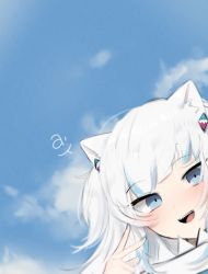 Rule 34 | 1girl, a (phrase), absurdres, animal ears, blue eyes, blue hair, blue nails, blunt bangs, blush, cat ears, cloud, daiishori, gawr gura, highres, hololive, hololive english, kemonomimi mode, looking at viewer, multicolored hair, nail polish, negative space, open mouth, sharp teeth, sky, solo, streaked hair, teeth, two side up, v, virtual youtuber