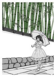 Rule 34 | 1girl, absurdres, bamboo, bobby socks, border, closed mouth, dress, frilled dress, frilled umbrella, frills, hair ribbon, highres, holding, holding umbrella, kidu (new kidu), long hair, mary janes, monochrome, one side up, original, outdoors, ribbon, shoes, short sleeves, socks, solo, spot color, standing, stone wall, umbrella, walking, wall, white border, wide shot