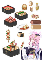 Rule 34 | 1girl, alternate costume, blue archive, blush, cake, food, fruit, highres, holding, holding food, ideolo, japanese clothes, kimono, long hair, long sleeves, mika (blue archive), obi, open mouth, pink hair, sash, simple background, smile, solo, strawberry, swiss roll, white background, white kimono, wide sleeves, yellow eyes