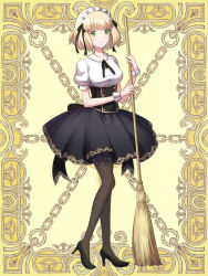 Rule 34 | 1girl, black bow, black footwear, black pantyhose, black ribbon, black skirt, blonde hair, blush, bow, breasts, broom, chain, closed mouth, commentary request, corset, full body, green eyes, hair bow, high heels, holding, holding broom, kerberos blade, large breasts, looking at viewer, maid, maid headdress, natsuya (kuttuki), neck ribbon, pantyhose, puffy short sleeves, puffy sleeves, ribbon, shirt, short hair, short sleeves, skirt, smile, solo, white shirt, yellow bow