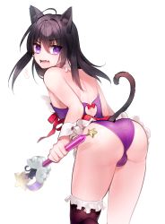 Rule 34 | 1boy, animal ears, areola slip, ass, back, bad id, bad pixiv id, black hair, black thighhighs, bulge, cat ears, cat tail, crossdressing, fang, florists daisy, frills, highres, kittysuit, leotard, long hair, male focus, nontraditional playboy bunny, open mouth, original, purple eyes, simple background, single thighhigh, solo, tail, teeth, thighhighs, trap, wand, white background, wrist cuffs