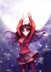 Rule 34 | 1girl, black thighhighs, blue eyes, brown hair, fate/stay night, fate (series), full moon, hair ribbon, jewelry, moon, necklace, ribbon, solo, thighhighs, tohsaka rin, two side up, wallacexi, zettai ryouiki