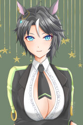 Rule 34 | 1girl, ahoge, animal ears, black hair, black jacket, black necktie, blue eyes, breasts, center frills, cleavage, closed mouth, collared shirt, commentary request, crossed arms, ear ornament, ear piercing, frilled shirt, frills, fuji kiseki (umamusume), green background, hair between eyes, highres, horse ears, horse girl, jacket, long sleeves, looking at viewer, medium breasts, multicolored hair, necktie, open clothes, open jacket, piercing, rirurun., shirt, short hair, sidelocks, smile, solo, star (symbol), starry background, umamusume, upper body, white hair, white shirt
