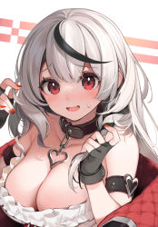 Rule 34 | 1girl, arm strap, black collar, black gloves, black hair, blush, braid, breasts, cleavage, collar, dokkumaa, fingerless gloves, gloves, grey hair, highres, holding, holding hair, hololive, large breasts, long hair, looking at viewer, multicolored hair, nail polish, open mouth, red eyes, red nails, sakamata chloe, shirt, solo, streaked hair, sweatdrop, upper body, virtual youtuber, white shirt