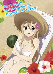 Rule 34 | 1girl, 2013, :d, bad id, bad pixiv id, beach, beach chair, bikini, blonde hair, blue eyes, blush, breasts, character name, cleavage, dated, eyebrows, flower, food, from above, fruit, hair flower, hair ornament, happy birthday, hat, hibiscus, k-on!, kotobuki tsumugi, large breasts, long hair, looking at viewer, official style, open mouth, ragho no erika, smile, solo, straw hat, sweat, swimsuit, watermelon, white bikini