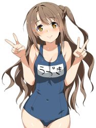 Rule 34 | 10s, 1girl, bare shoulders, blush, breasts, brown eyes, brown hair, cleavage, collarbone, covered navel, double v, idolmaster, idolmaster cinderella girls, inue shinsuke, long hair, medium breasts, name tag, one-piece swimsuit, one side up, school swimsuit, shimamura uzuki, simple background, smile, solo, swimsuit, v, white background