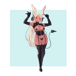 Rule 34 | 1girl, absurdres, animal ears, armpits, arms up, black corset, black footwear, black gloves, black panties, blue background, boku no hero academia, boots, border, breasts, chagallkun, cleavage, corset, cropped shirt, cross-laced clothes, curled horns, dark-skinned female, dark skin, demon horns, demon tail, elbow gloves, fangs, full body, gloves, highres, horns, large breasts, long eyelashes, long hair, looking at viewer, micro bra, mirko, navel, panties, parted bangs, rabbit ears, rabbit girl, red eyes, shirt, sleeveless, sleeveless shirt, solo, tail, thick thighs, thigh boots, thigh gap, thighs, turtleneck, underboob, underwear, very long hair, white border, white hair
