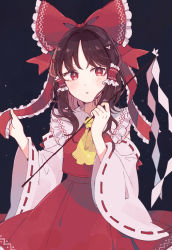 Rule 34 | 1girl, ascot, bare shoulders, blush, bow, brown hair, collar, collared dress, detached sleeves, dress, flower, flower in eye, gohei, hair flower, hair ornament, hair tubes, hakurei reimu, hands up, highres, long sleeves, looking to the side, mozukuzu (manukedori), night, night sky, open mouth, pink flower, red bow, red dress, red eyes, short hair, sky, solo, star (sky), starry sky, symbol in eye, touhou, wide sleeves, yellow ascot