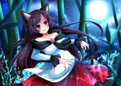 Rule 34 | animal ears, bamboo, bamboo forest, breasts, brooch, brown hair, collarbone, dress, fingernails, forest, full moon, highres, imaizumi kagerou, jewelry, large breasts, long fingernails, long skirt, long sleeves, looking at viewer, moon, nail polish, nature, off-shoulder shirt, off shoulder, open mouth, red eyes, red nails, shirt, sisterakuma, skirt, solo, touhou, wide sleeves, wolf ears