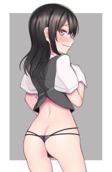 Rule 34 | 1girl, ass, bad id, bad pixiv id, black hair, blush, butt crack, cowboy shot, gloves, grey background, grey eyes, highres, ishiusu, kantai collection, outside border, oyashio (kancolle), panties, purple panties, solo, standing, underwear, wavy mouth, white gloves