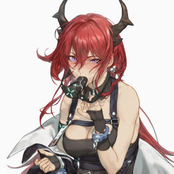 Rule 34 | 1girl, absurdres, arknights, ball gag, blush, cuffs, drooling, female focus, gag, gagged, handcuffs, highres, horns, long hair, looking at viewer, purple eyes, red hair, saliva, saliva trail, shackles, solo, surtr (arknights), youzu (youzuyozu)